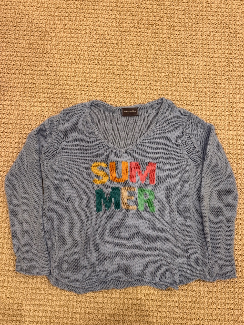 Wooden Ships Light Blue 'SUMMER' V-Neck Knit Sweater